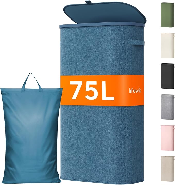 Lifewit Slim Laundry Basket with Lid, Narrow Large Laundry Hamper with Plastic Handles and Removable Bag, Tall Foldable Dirty Clothes Hampers for Laundry Room, Bedroom, Bathroom, Dorm, 75L Dark Blue by Lifewit