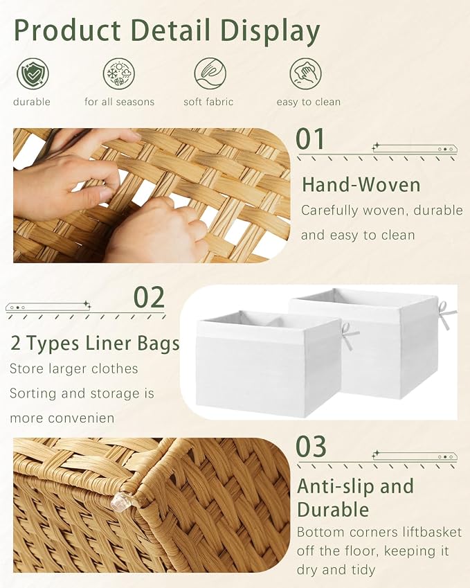 SETVSON Storage Basket with Lid Wicker Baskets for Storage with 2 Separate Lid 42.3 Gallon (160 L) 29.9 x 17.3 x 18.1 Inches Rattan Woven Large Wicker Basket with 2 Liners for Bedroom Laundry Natural - Image 3