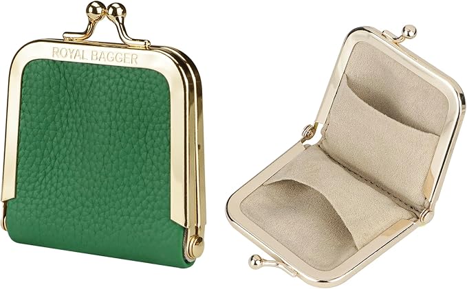 Royal Bagger Genuine Cow Leather Ultra-Slim Mini Jewelry Box, Ring & Necklace Storage, Slim Coin Purse with Kiss Lock for Women 3120 (Lake Green) by ROYALBAGGER