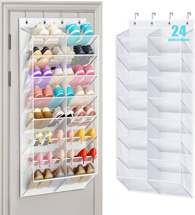 MISSLO 24 Pairs Over the Door Shoe Organizer Breathable Mesh Hanging Shoe Rack for Closet Storage with Wide Deep Pockets 8 Tier Shoes Holder Fit All the Family's Sneakers, Boots, Heels (White, 57.5") by MISSLO