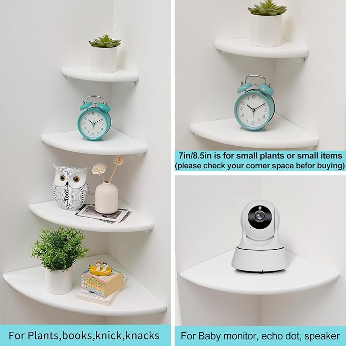 Corner Shelf, White Solid Oak Wood Floating Corner Shelf Wall Mount Round End Floating Speaker Shelf Display Shelf for Small Plant Photo Frame (White, 16in) - Image 3