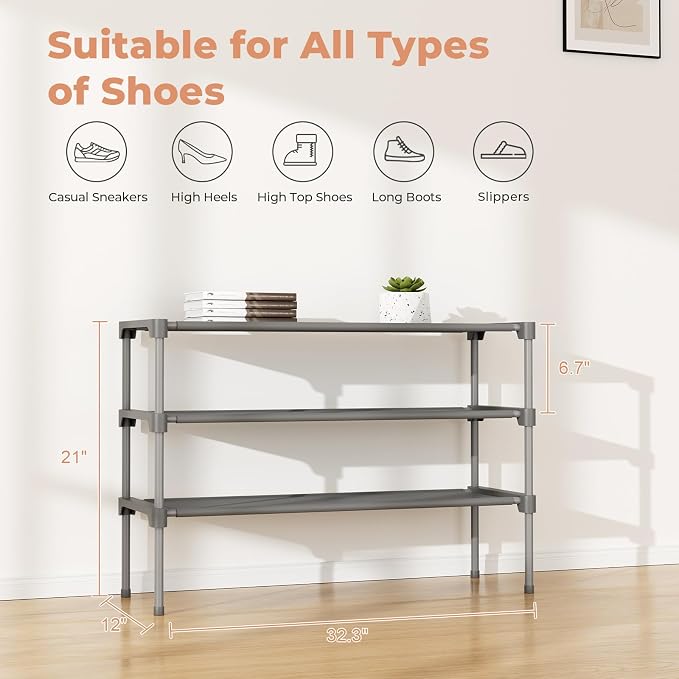 34" Widening Design Shoe Rack for Closet 16 Pairs Small Spaces Non-Woven 3 Tier Shoe Organizer Stackable Metal Shoe Shelf for Entryway, Bedroom Grey - Image 3