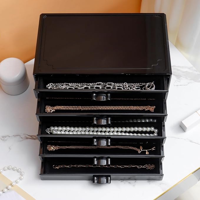 YUFONG Necklace Holder Organizer, Dustproof Necklace Box Velvet Necklace Organizer Box with Lid Clear Acrylic Dustproof Stackable Jewelry Displays for Necklaces Chain Display (Black Black, 5 Drawer) - Image 4