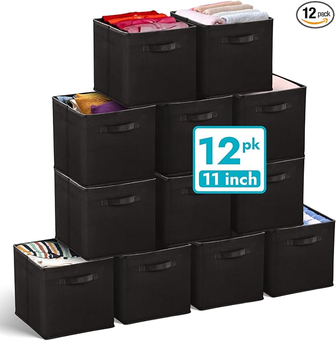 Reli. 11 Inch Cube Storage Bins (12 Pack) | Cube Organizer Bins | 11x11 Fabric Storage Boxes | Collapsible, Foldable Fabric Cubby Box (Square) | Bedroom, Office, Home Organization by Reli