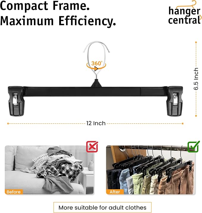 Hanger Central 12 Pack Pants Hangers – 12 Inch Slim Plastic Clothes Hangers with Clips for Skirts, Pants, Shorts – Space Saving Heavy Duty Closet Organizer with Non Slip Grip & Swivel Hook – Black - Image 3