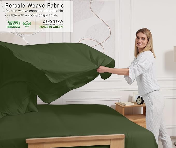 RUVANTI 100% Cotton Sheets – Twin Size Percale Bedding, Cooling & Breathable, Durable with a Crisp, Soft & Comfortable Feel, 16" Deep Pocket, 3-Piece Set, Chive