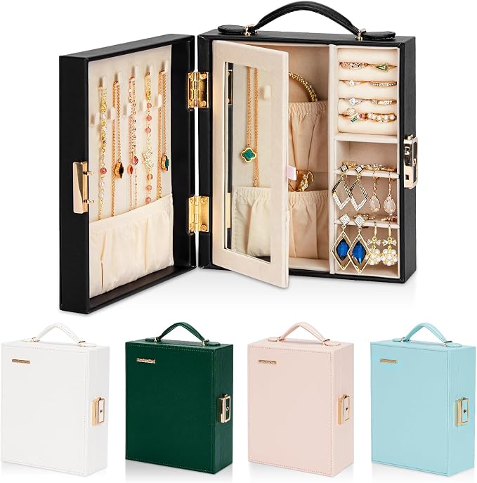 Enthralite Large Travel Jewelry Case: Portable Jewelry Box with Mirror - PU Leather Small Jewelry Organizer for Rings Earrings Necklaces Bracelets - Birthday Gift for Her - Jewelry Storage by Enthralite