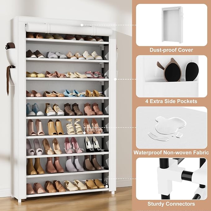 VILICK Shoe Rack with Cover Narrow Shoe Organizer with Pockets 10 Tier Tall Shoe Storage Holds 36-41 Pairs Shoes and Boots Shoe Rack for Closet Entryway Garage, White - Image 4