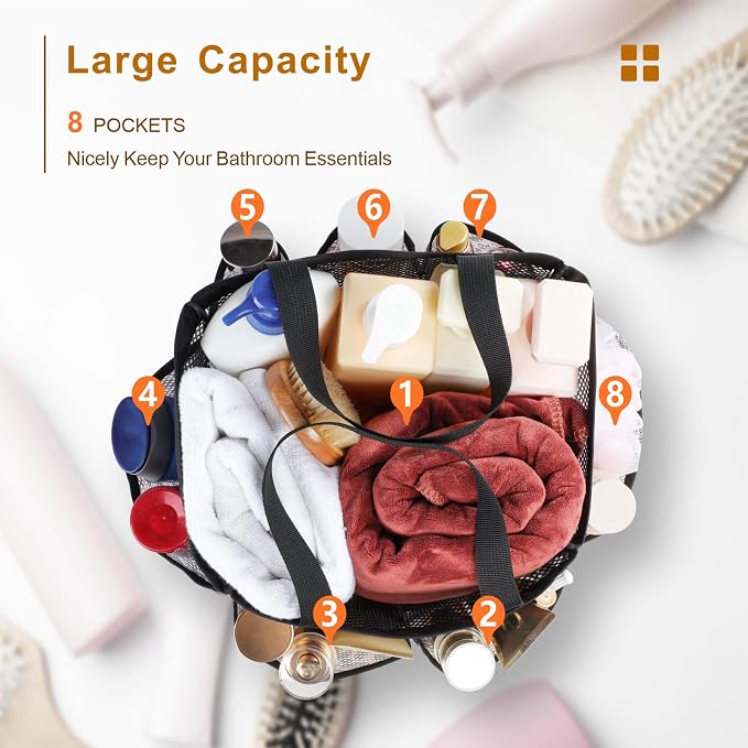 F-color Shower Caddy Portable - Mesh Shower Bag Basket Tote for College Dorm Room Essentials Bathroom Gym Camp Quick Dry for Women Men with S Hook, Leopard - Image 2