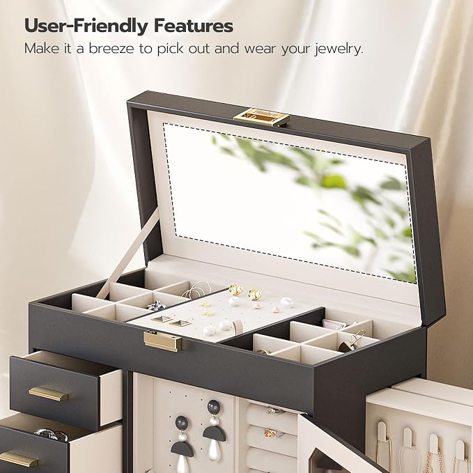 HOOBRO Jewelry Box with Mirror, Jewelry Organizer Box with Capacious Storage Space, Jewelry Holder Organizer, Hand-Held Jewelry Case, Glass Cover, Modern Style, Black and Light Gold BK06JB04G1 - Image 7