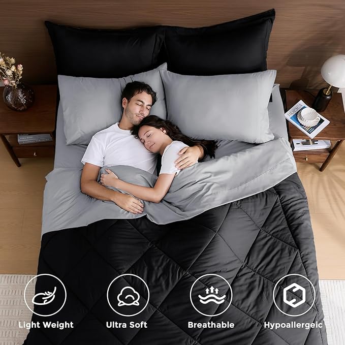HEVUMYI Queen Comforter Set - 7-Piece All Season Bed in a Bag Queen, Ultra Soft Bedding Set with Comforter, Flat Sheet, Fitted Sheet, Pillowcases, Pillow Shams, Black & Light Grey
