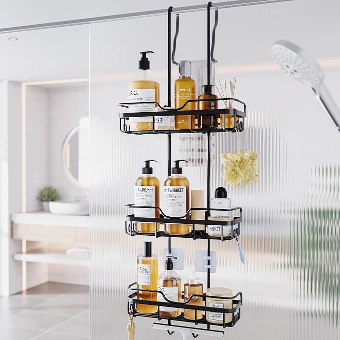 Skyapex Shower Caddy Over the Door Organizer: Bath Rack Hanging Over Glass with Hooks - Storage Shelf Inside Bathroom for Shampoo - Matte Black by Skyapex