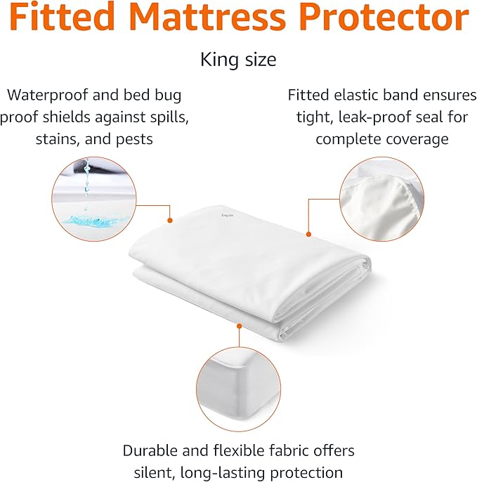 Amazon Basics Waterproof Mattress Protector, Bed Bug and Dust Mite Barrier, King, White