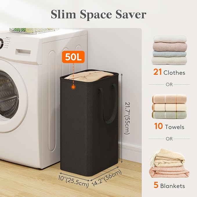 Lifewit 50L Slim Laundry Hamper, Narrow Laundry Basket with Easy Carry Handles, Small Tall Collapsible Dirty Clothes Bin in Bathroom, Bedroom, Dorm, College, Black - Image 2