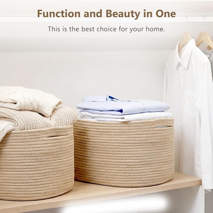 ECDYQXVU Cotton Rope Storage Basket, 15x10x9 Inches, Woven Basket for Shelves, Clothes, Towels, Books, and Laundry, Jute Brown (2 Pack) - Image 7