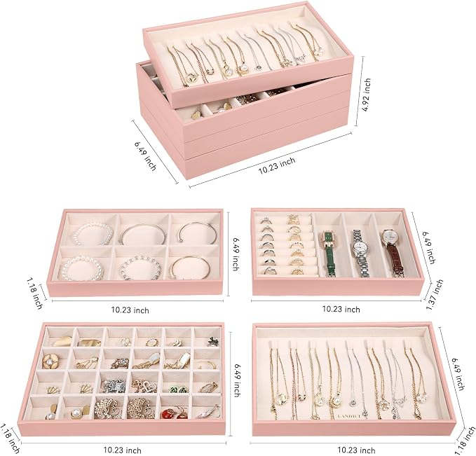 LANDICI Stackable Jewelry Organizer Trays 4 Set,PU Leather Jewelry Organizer Drawer,Jewelry Storage Display Tray for Earring Necklace Rings Bracelet with Removable Dividers,Pink - Image 5