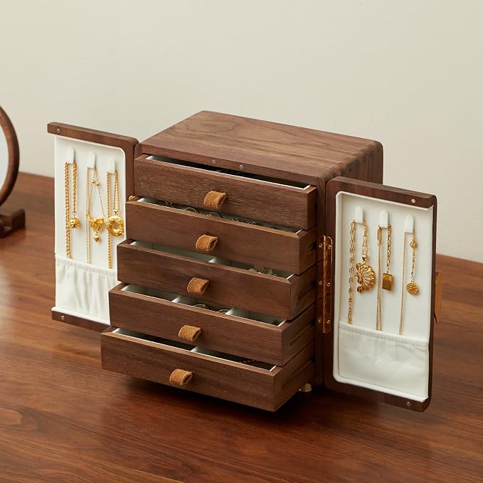 Solid Black Walnut Wood Jewelry Box for Women & Men, Large Velvet Lined Wooden Jewelry Organizer with 5 Drawers, Hand Carved Ginkgo Leaf Handles, Double Door Wardrobe Design by THFLSTR