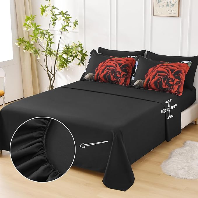 Drucon Queen Comforter Set - 7 Pieces Floral Black Soft Bedding Sets, Queen Bed in a Bag with Botanical Red Flowers Comforter, Sheets, Pillowcases & Shams