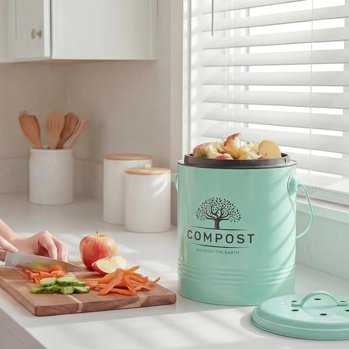 Perfnique Kitchen Compost Bin, 1.3 Gallon Countertop Compost Bin with Lid, Indoor Compost Bucket Includes Inner Bucket Liner and Carbon Filter, Small Compost Bin with Trash Bags (with Bags, Mint) - Image 5