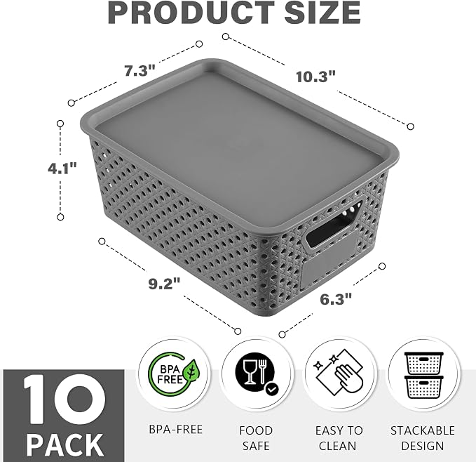 10 Pack Small Plastic Storage Bins with Lids, Stackable Plastic Storage Baskets for Organizing with Handles, Organizer Bins with Labels for Room,Craft,Containers for Pantry Organizers and Storage,Grey - Image 2