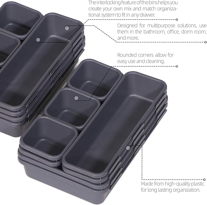 Set of 22 Interlocking Desk Drawer Organizer Tray Dividers Plastic Shallow Narrow Drawers Organizers Separators and Storage Bins Container for Kitchen Bathroom Makeup Office Vanity Bedroom Dresser - Image 5
