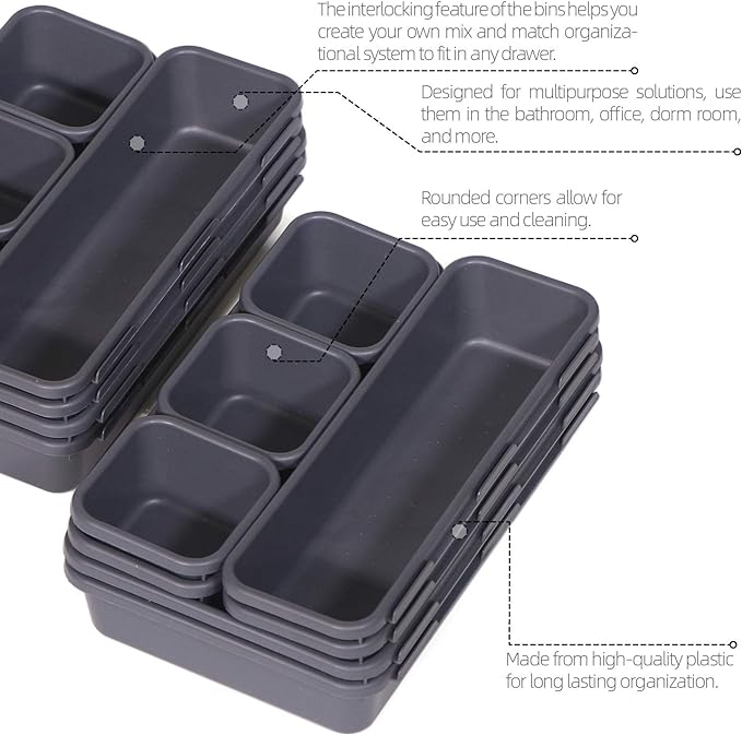 TENABORT 42 Pack Interlocking Desk Drawer Organizer Tray Dividers Plastic Shallow Narrow Drawers Organizers Separators Storage Bins Container for Kitchen Bathroom Makeup Office Vanity Dresser - Image 3