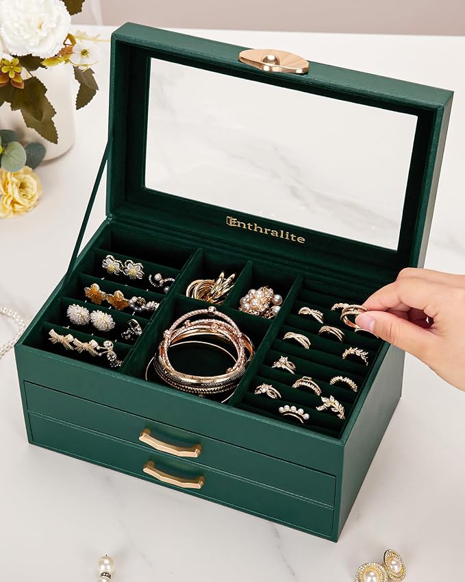 Enthralite Jewelry Box with 2 Drawers: Display Organizer for Earrings Necklaces - Christmas Gifts for Girls Women (Forest Green) - Image 8