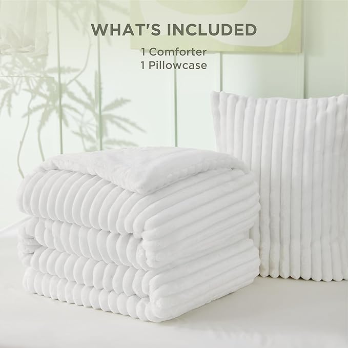 Bedsure Twin/Twin XL Size Comforter - GentleSoft™ 2 Pieces Double-Side Fleece Fluffy Bright White Comforter Set, Cozy Striped Room Decor Aesthetic Luxury Twin Bedding Sets, 1 Pillowcase, 68x88 Inches