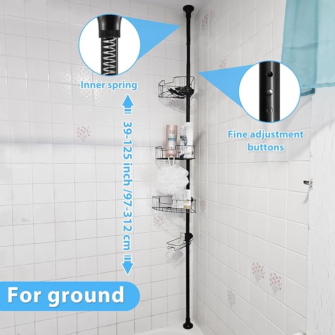 BsBsBest Shower Organizer Caddy - Stainless Steel Shower Shelves Rack, Adjustable Organization And Storage Head Holder, Rustproof Tension Pole, Black - Image 5