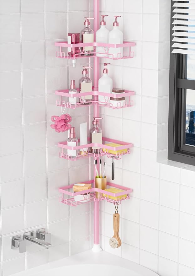 KEGII Shower Caddy Tension Pole, 4-Tier Rustproof Adjustable Corner Bathroom Organizer for Renters, 25–114.2 Inch No Drill Space-Saving Shower Storage Rack, Pink by KEGII