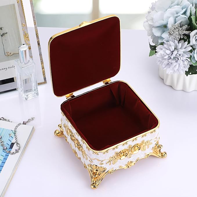 Hipiwe Vintage Jewelry Box Rectangular Trinket Chest Metal Treasure Holder for Ring Earrings Organizer Keepsake Box Gift for Woman, Beige, 5.1" L x 5.1" W x 3.1" H - Image 6