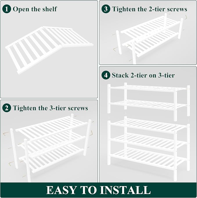 Smiry Bamboo Shoe Rack for Closet, 5 Tier Wooden Stackable Shoe Organizer, Free Standing Shoes Storage Shelf for Entryway, Front Door Entrance, White - Image 6