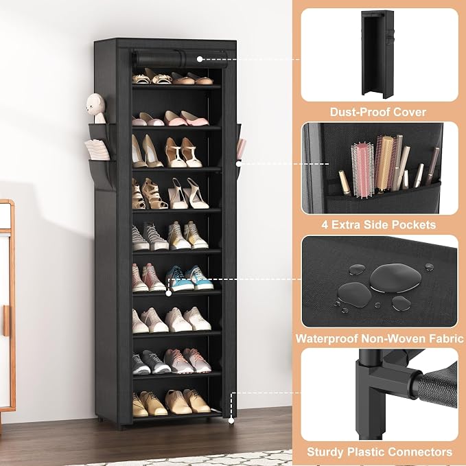 VILICK Shoe Rack with Cover Narrow Shoe Organizer with 4 Side Pockets 10 Tier Tall Shoe Storage Holds 18-22 Pairs Shoes and Boots Shoe Rack for Closet Entryway Garage - Image 4