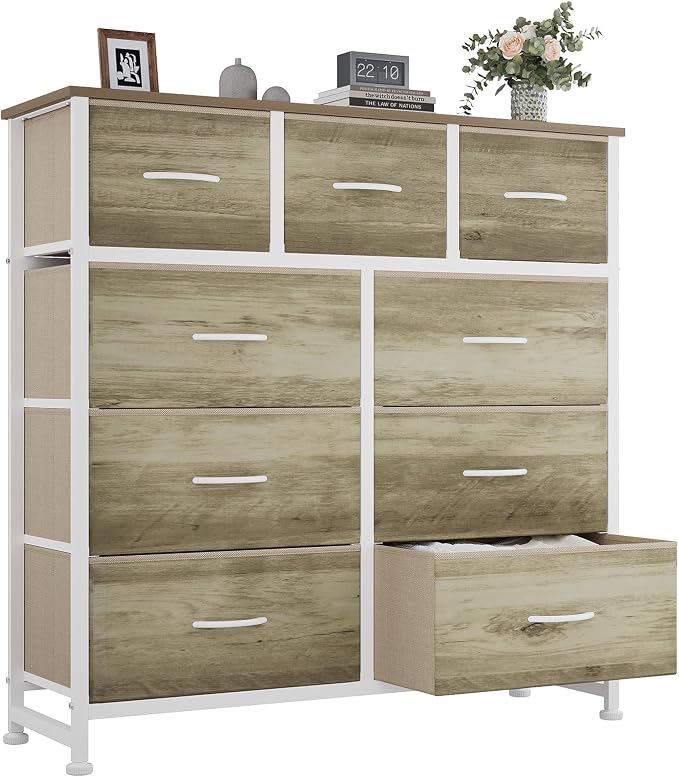 OLIXIS 9 Drawer Storage Dresser with Wood Top - Wide Fabric Chest Organizer for Bedroom, Closet, Living Room,Tower Cabinet, TV Stand, Hallway Entryway Furniture,Oak Greige by OLIXIS