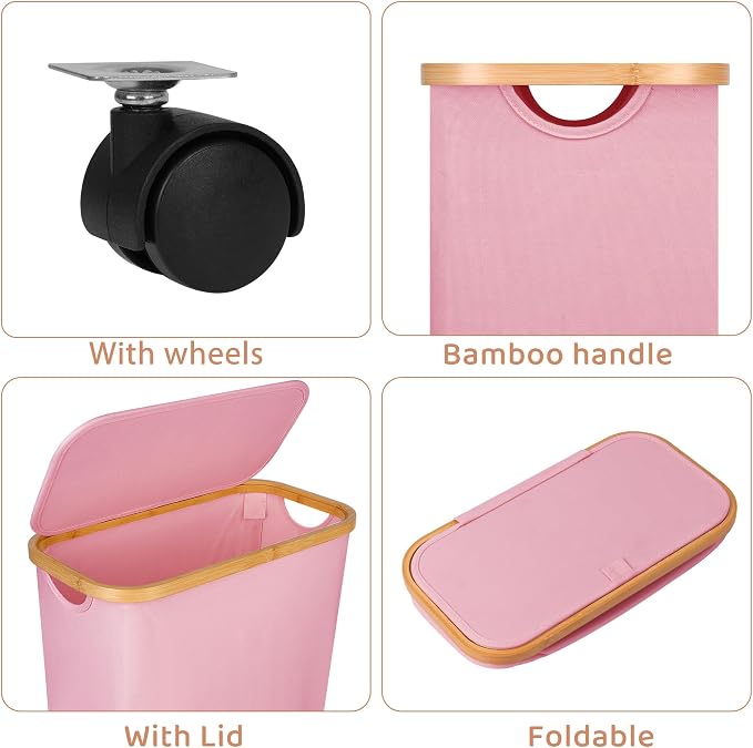 Slim Laundry Basket with Wheels,Narrow Hampers for Laundry,Freestanding Laundry Hamper with Lid&Bamboo Handles,Collapsible & Waterproof Tall Cloth Hamper for Dorm Family(60L Pink) - Image 2