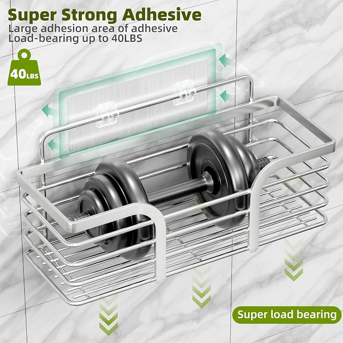 Yougai Shower Caddy, Shower Organizer with Soap Holder and Hooks, Rustproof Shower Shelves, No Drilling Bathroom Organizers and Storage, Wall-Mounted Kitchen & Home Decor (Silver) - Image 5