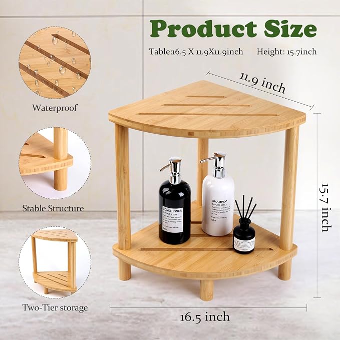 Upgraded Bamboo Corner Shower Stool for Inside Shower Waterproof,2-Tier Shower Foot Rest with Storage Shelf,Corner Shower Shelf Bench Caddy Shaving Leg,Bath Seat,Gifts for Women Mom - Image 3