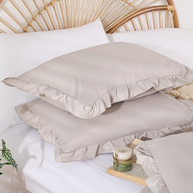 JANZAA Oatmeal Twin Ruffled Soft Twin Size Bed Set Vintage Farmhouse Bed Comforter Set Shabby Fluffy Bedding (1 Comforter Set and 1 Pillowcase)