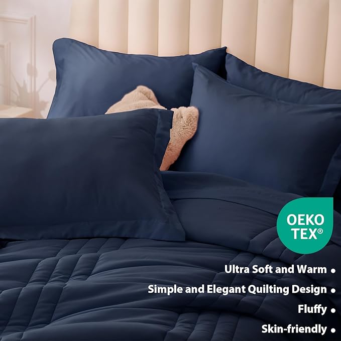 Full Comforter Set Navy - Bed in a Bag Full Size 7 Pieces, Soft Bedding Set for All Seasons, Premium Comforter Set with Comforter, Sheets, Pillowcases & Shams