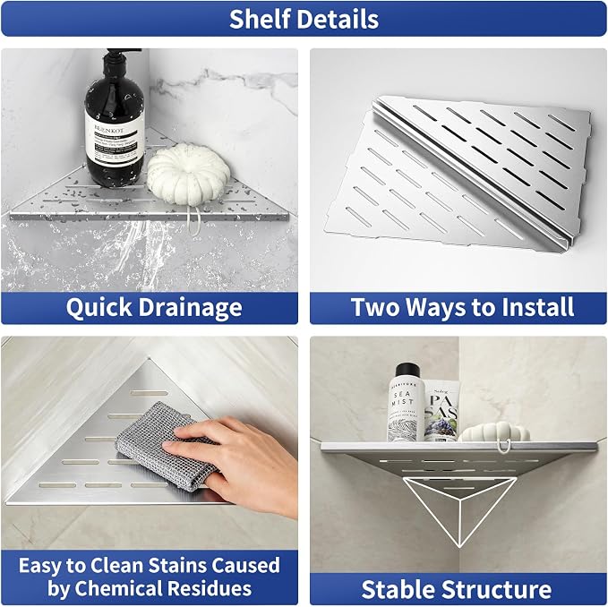 Corner Shower Shelf 10" Brushed 304 Stainless Steel Slot Design Recessed Corner Shelf Bathroom Grout in Shelf for Tiled Wall - Image 2