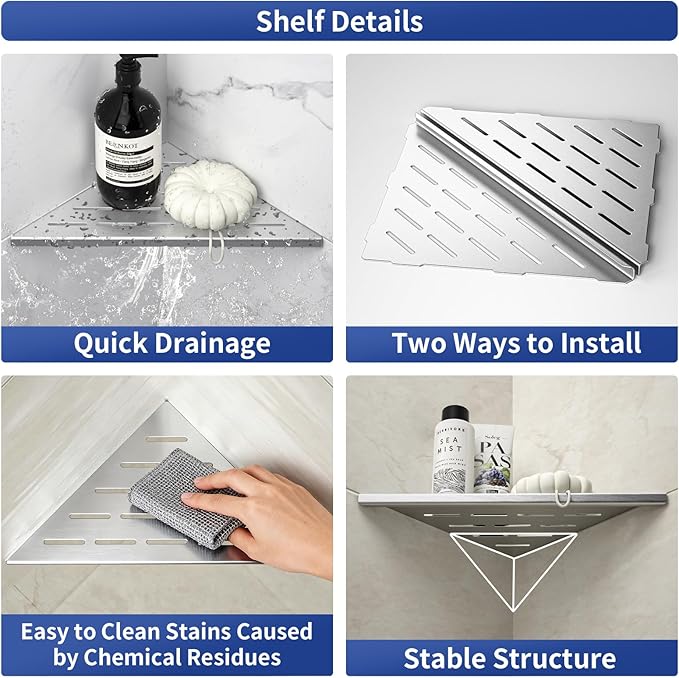 Corner Shower Shelf 10", Brushed 304 Stainless Steel Slot Design Recessed Corner Shelves Bathroom Grout in Shelf for Tiled Wall, 2 Pack - Image 3