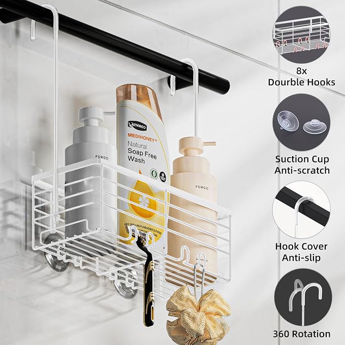 SHANSHUI Shower Caddy Hanging Bathroom Organizer Basket, Shampoo Bracket, Over Door Showers Caddy with Hooks, 304 Stainless Steel Rust Proof Rack- White - Image 5