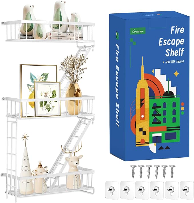 SweetSage Fire Escape Shelf - 3 Tier White Wall Display Floating Shelves, Metal Decorative Shelving for Bedroom, Home Décor, Action Figure Display by HOME