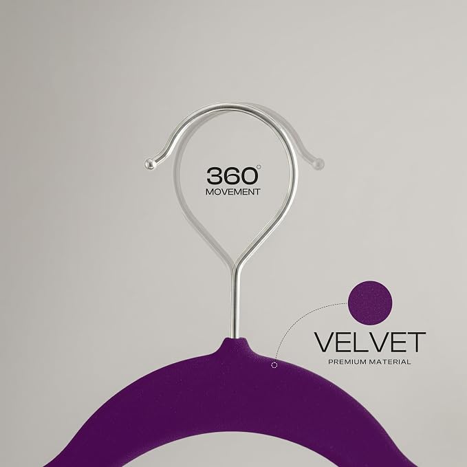 Utopia Home Velvet Hangers 50 Pack – Luxury Non-Slip Slim Pant & Coat Hangers, Strong Space-Saving Clothes Hangers with Pants Bar and 360° Swivel Hook – Purple - Image 3