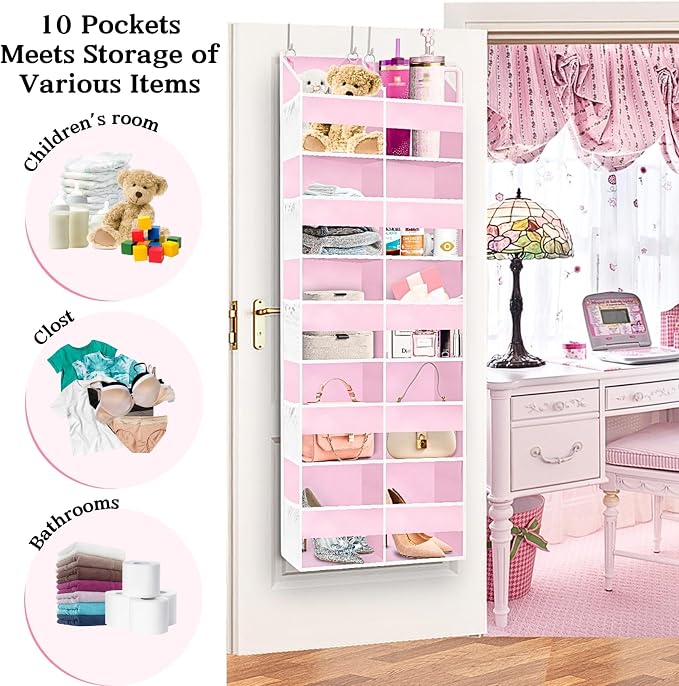 Ofiray-home Pink Over The Door Organizer 5 Tiers, Extra Large Behind Door Storage of 10 Compartments, 50 lbs Weight Capacity Over The Door Storage for Closet, Diaper Organizer - Image 3