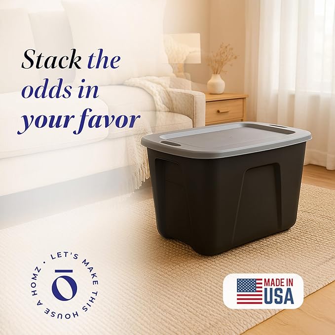 HOMZ Durable Molded Bin, Plastic Storage Container with Lid, 18 Gallon, Black/Gray - Stackable Organizer Totes and Boxes for Bedroom, Kitchen, and Garage Organization