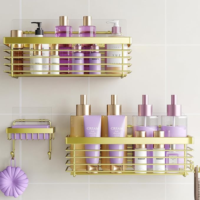 ODesign Shower Caddy 3 Pack SUS304 Stainless Steel-No Drilling-Shower Bathroom Shelves Rack,Rustproof Wall Mounted,Adhesive Shower Shelf Basket Organizer-Golden by ODesign