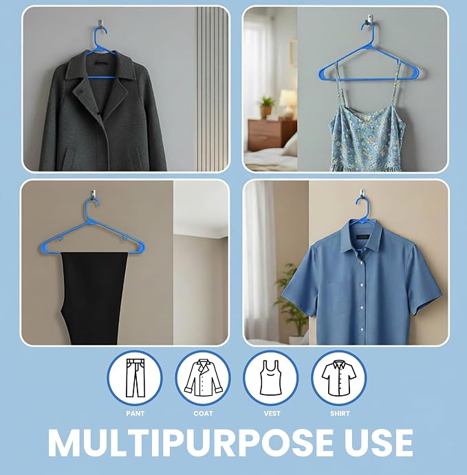 Utopia Home Plastic Hangers 50 Pack - Space Saving Clothes Hanger - Durable & Strong Closet Organizers and Storage with Built-in Strap Hooks - Essential for Shirts, Pants, Skirts & Coats (Blue) - Image 4