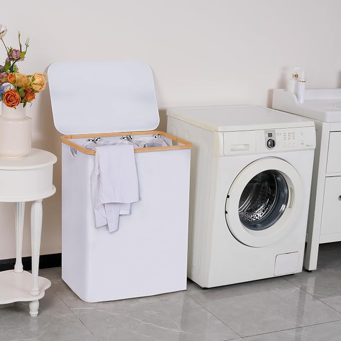 efluky Laundry Hamper with Lid, Double Laundry Hamper with 2 Removable Bags, 2 Section Laundry Basket with Bamboo Handles for Bathroom, Bedroom & Laundry Room (White, 160L Trio) - Image 6