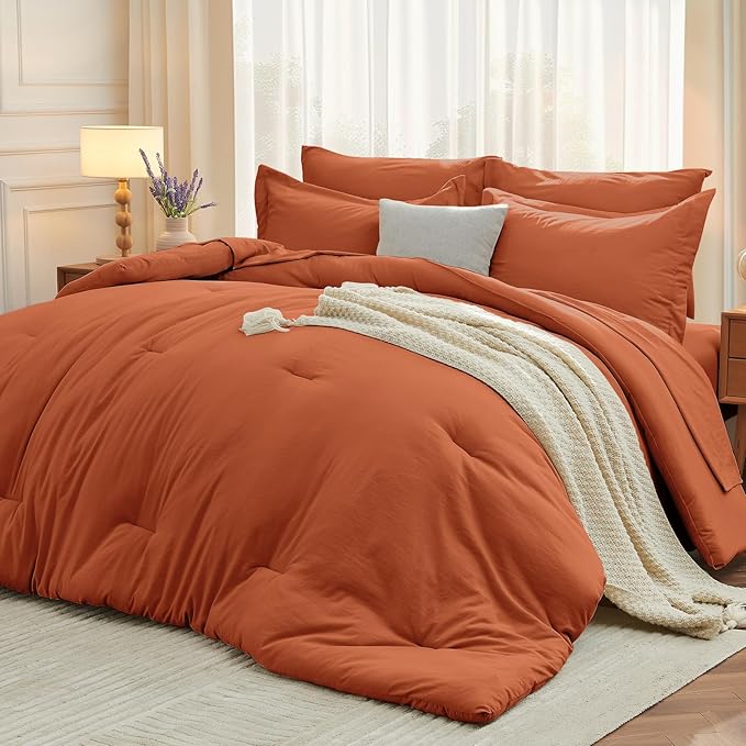 MUXHOMO 7 Pieces Full Comforter Set, Soft Bed in a Bag Full Size, All Season Bedding Set with Comforter, Flat Sheet, Fitted Sheet, Pillowcases & Shams, Burnt Orange